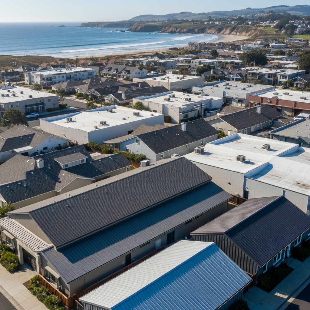 Aerial view of a coastal town with white and gray houses and a beach.