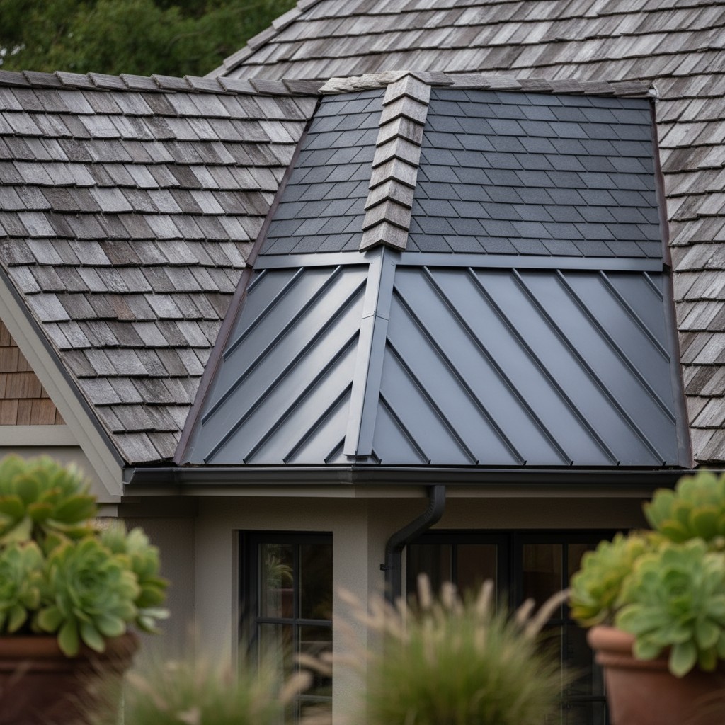 The roof is made of wood and metal, with plants in front. The roof is composed of: * Wood shingles * Metal panels (dark gr...