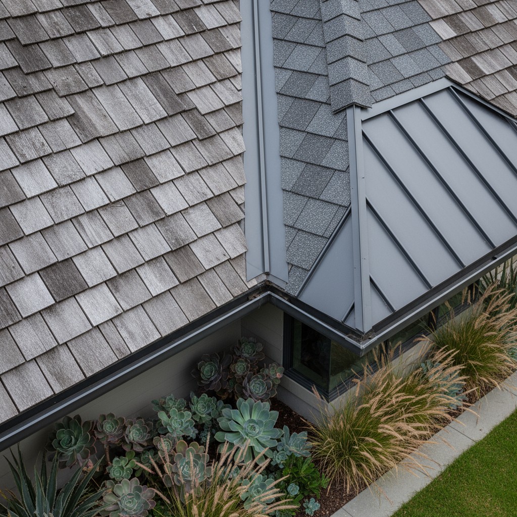 An overhead image of the corner of a gray roof with plants below.