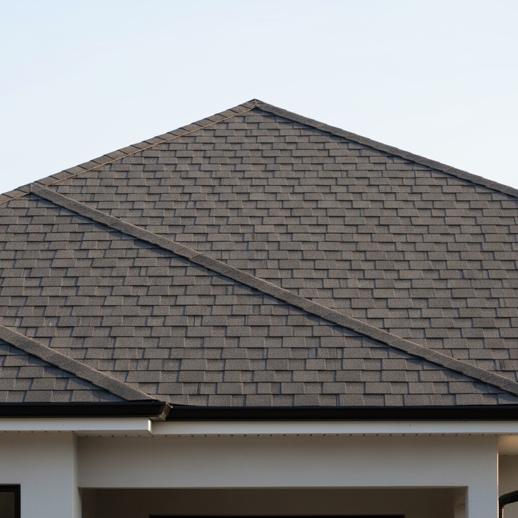 This is a roof with a peak visible against a clear sky, possibly on an newer residence based on dark color of shingles tha...