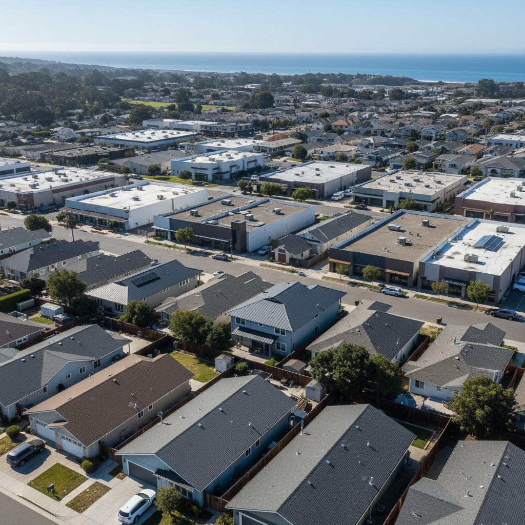 A suburban neighborhood with rows of houses, trees, and commercial buildings, set against the backdrop of a body of water ...