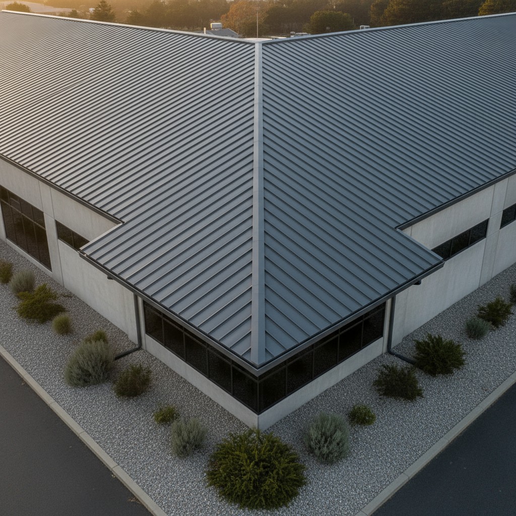 The image shows a building with a metal roof, surrounded by gravel and plants. The building has a white exterior with larg...